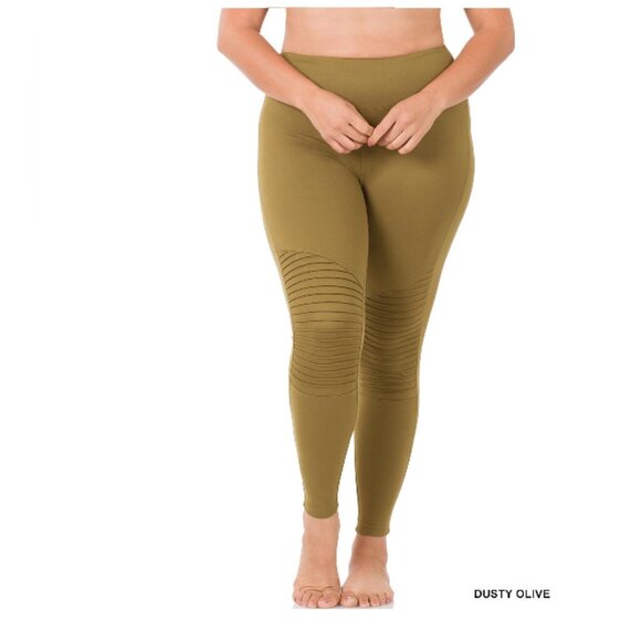 Plus Size Full Length WIDE WAISTBAND MOTO LEGGINGS DUSTY OLIVE - Picture 1 of 1